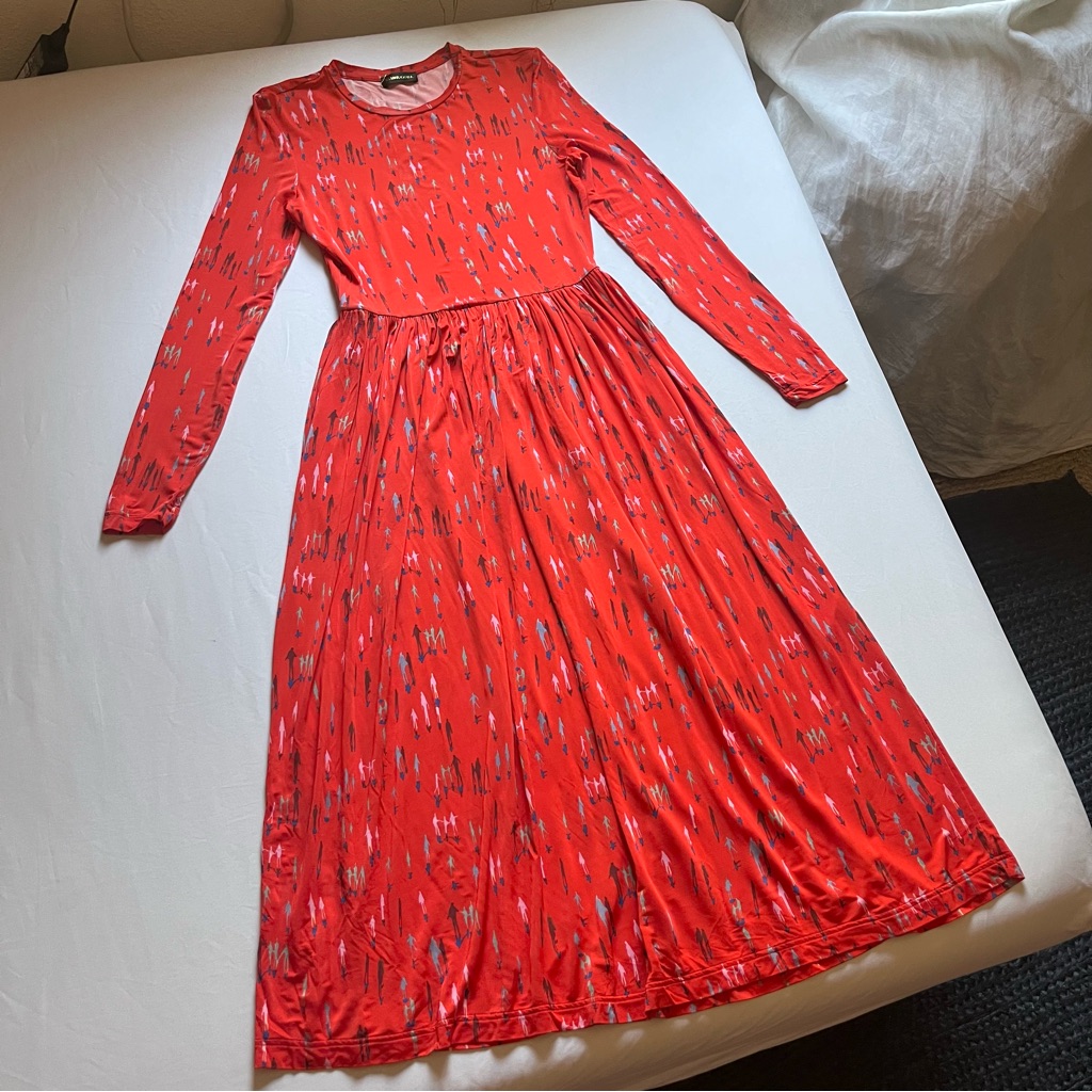 Stine Goya Orange Red People Print Knit Crew Long Sleeve Midi Dress